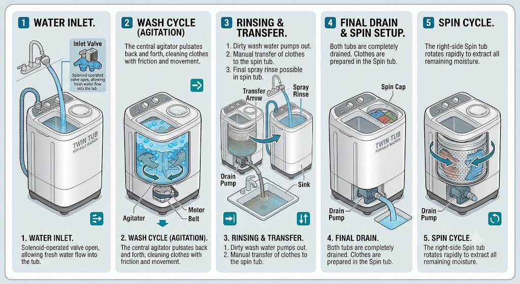 Compare twin tub portable washer components and washing system.