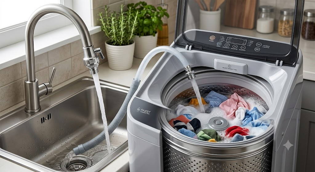Connect portable washer to kitchen faucet using faucet adapter.