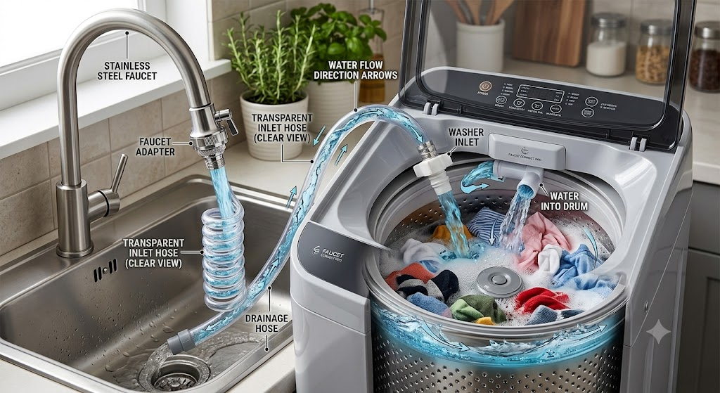 Connect portable washer to faucet for washing clothes.