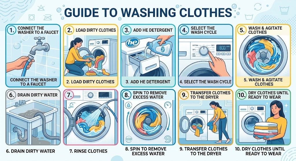 Follow portable washer and dryer laundry process step by step.