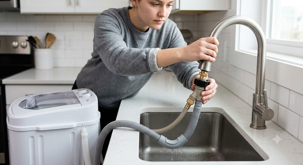 DIY portable washer installation in apartment kitchen