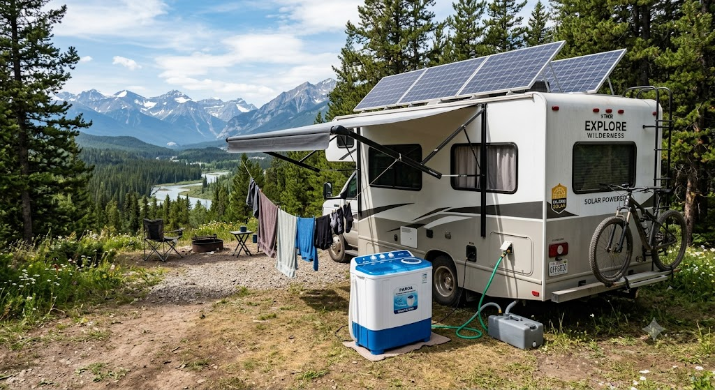 Off-grid RV laundry using a solar power portable washing machine